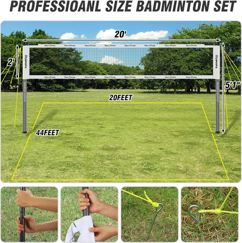 Miniatura 8 de Juego de bádminton para exteriores de 20 pies con red para patio trasero, césped, playa, sistema de red de bádminton portátil con 4 raquetas