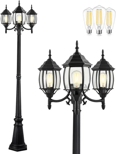 PARTPHONER Lámpara de poste para exteriores, 3 cabezales, color negro clásico con paneles de vidrio transparente, base E26 máxima de 100 W (3