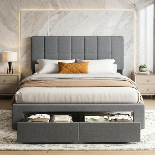 Miniatura 8 de Marsail Base de cama de tamaño individual con cabecero, tapizado, ajustable de 6 a 12 pulgadas, capacidad de 1300 libras, diseño de madera