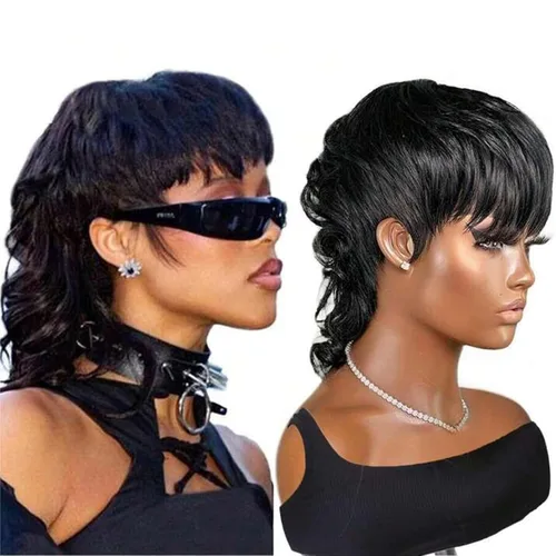 Miniatura 19 de Peluca de cabello humano con corte Pixie para mujeres negras, 100% cabello humano real, peluca corta y recta sin pegamento con flequillo, hecha a