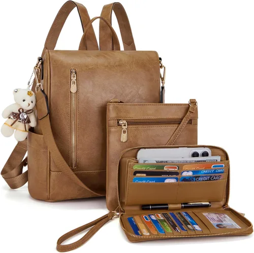 Miniatura 13 de Soperwillton Mochila de moda para mujer, bolso de hombro de cuero antirrobo, bolsa de viaje, múltiples bolsillos, cartera, juego de 3 piezas