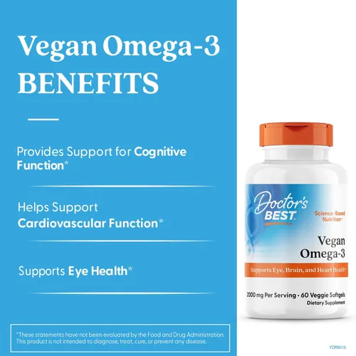 Miniatura 2 de Doctors Best Vegan Omega-3 EPA + DHA de algas - Suplemento vegano de Omega 3 a base de plantas para mujeres y hombres, apoya la memoria, el cerebro