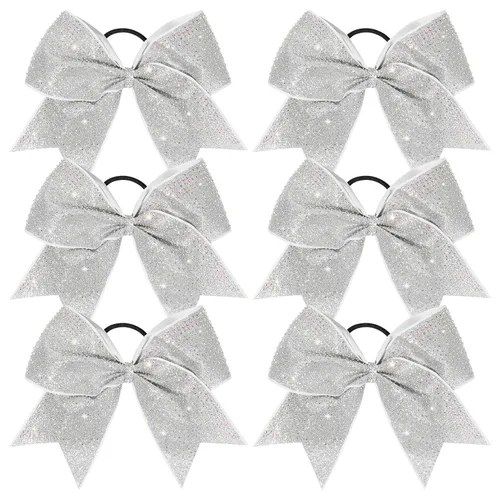 DEEKA 6 lazos grandes de animadora con purpurina de 8 pulgadas con diamantes de imitación completos, lazos para el pelo de animadora coloridos Plata