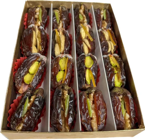 Miniatura 6 de Caja de regalo Medjool Dates - Nueces rellenas y chocolate cubierto Oro comestible y azafrán adornado