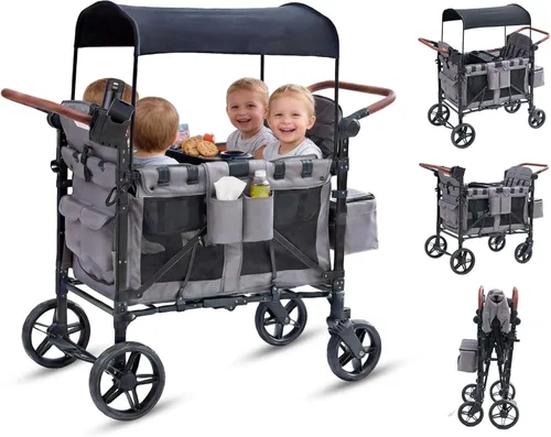 Miniatura 9 de Cochecito para 4 niños, cochecito de 4 plazas con 4 asientos altos con arneses de 5 puntos y toldo ajustable, cochecito plegable de doble barra