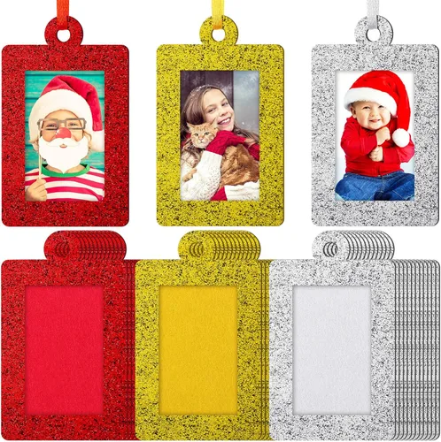 Jetec 36 marcos de fotos con brillantina para decoración de árbol de Navidad, mini marco de fotos de fieltro, marco pequeño para colgar, regalos de