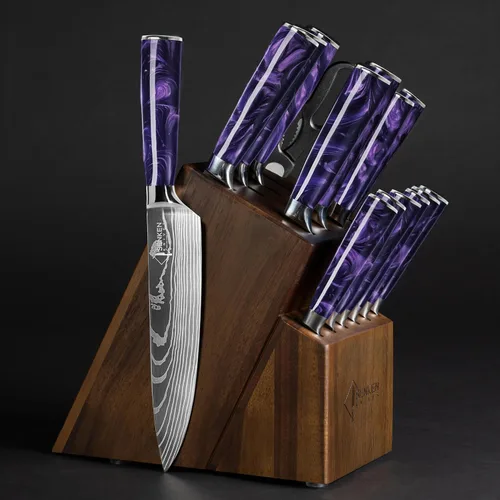 Miniatura 11 de SENKEN - Juego de 16 cuchillos de acero inoxidable japonés de alto carbono con patrón de damasco, asas de resina azul, 6 cuchillos para carne