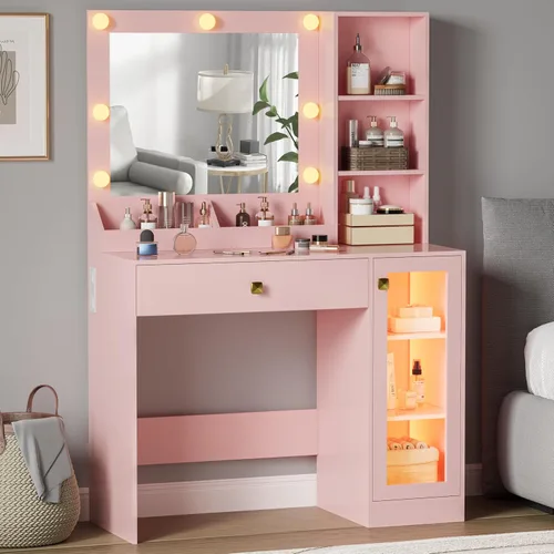 Miniatura 9 de BORNOON Escritorio de tocador con espejo y luces, pequeño escritorio de maquillaje con estación de carga, mesa de tocador de dormitorio con cajones