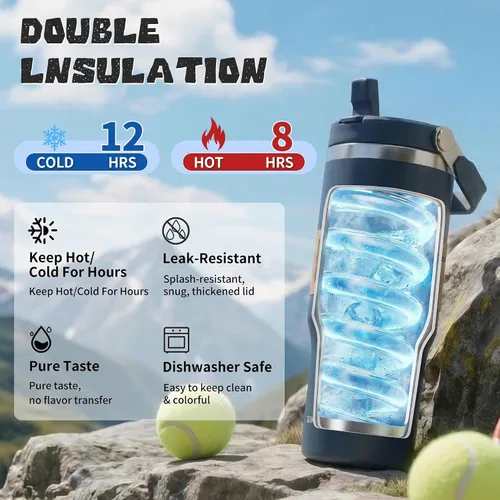 Miniatura 3 de Botella de agua aislada con pajilla abatible de 30 onzas con asa, vaso de acero inoxidable a prueba de fugas, taza de café de viaje al vacío