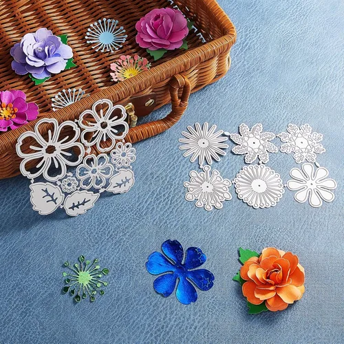 Miniatura 7 de 2 juegos de troqueles de corte de metal con estampado de flores, hojas de flores, 14 estilos, plantillas 3D troqueladas para manualidades, álbumes