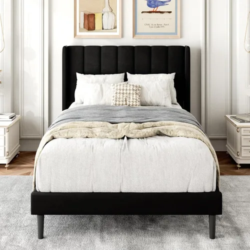 Miniatura 24 de Gruwans Estructuras de Cama Individual con Cabecera Wingback, Camas de Plataforma Tapizadas, No Necesita Somier, Soporte Resistente de Listones