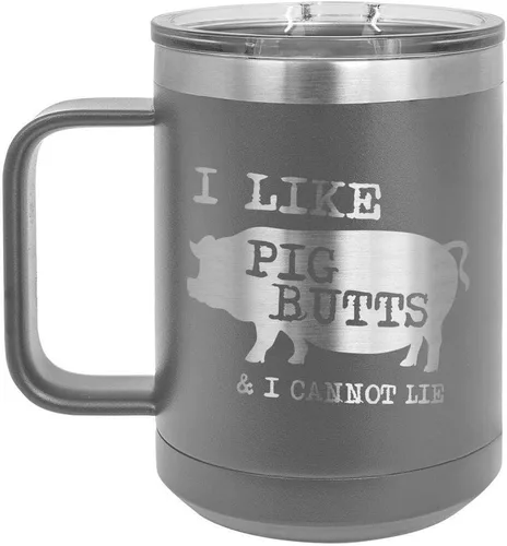 Miniatura 12 de Taza de café con tapa deslizante con texto en inglés "I Like Pig Butts 15 oz" Taza de café de viaje aislada Idea de regalo para barbacoa y Negro
