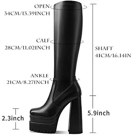 Miniatura 2 de Wryffneea Platform Boots for Women Square Toe Side Zip Goth Punk Wedge Block High Chunky Heel Motorcycle Riding GoGo Knee High Boots