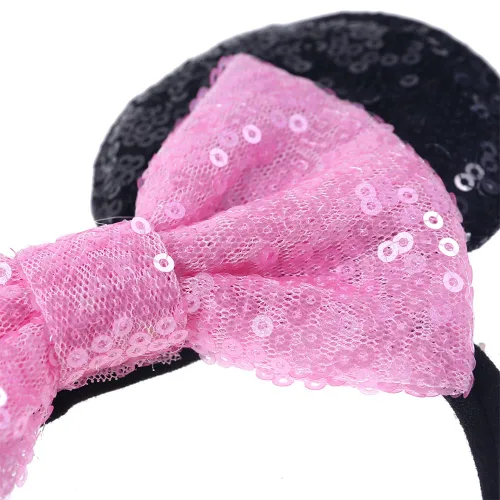 Miniatura 5 de Diadema de orejas de ratón con lazo de lentejuelas, banda elástica suave para el pelo, diadema de fiesta para bebés, niñas recién nacidas, niños