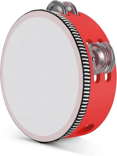 Flexzion Pandereta de madera de mano para adultos de 6 pulgadas, doble fila de 8 pares de jingles (rojo) - Instrumento musical de pandereta redonda