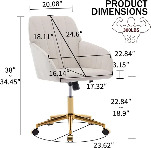 Miniatura 3 de Silla de escritorio de oficina de terciopelo con ruedas y base dorada, moderna silla giratoria ajustable, sillas de tocador tapizadas con brazos