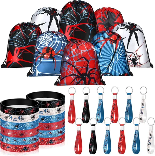 Miniatura 8 de Lothee 32 piezas de telaraña, decoración de fiesta de cumpleaños de telaraña, bolsa con cordón, bolsas de golosinas con pulseras de goma, llavero