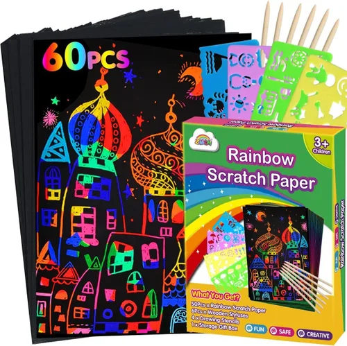 ZMLM Juego de arte de papel para rascar: 60 piezas de arte mágico para niños, regalos de retorno para niños, suministros de papel para rascar,
