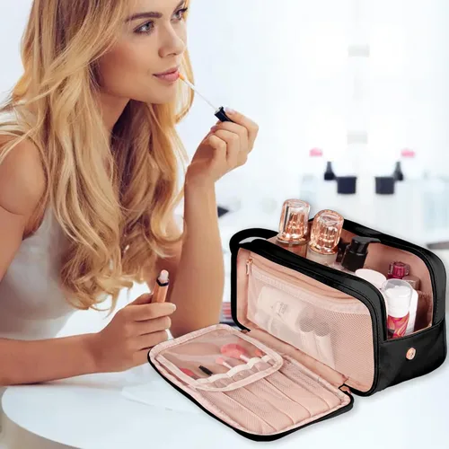 Miniatura 7 de Neceser de aseo personal, organizador de artículos de aseo de viaje de piel sintética, doble cremallera, bolsa de cosméticos de viaje de gran Negro