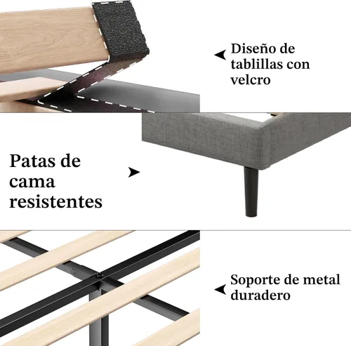 Miniatura 4 de Gruwans Base de cama tamaño Queen con cabecera de cama tapizada con respaldo abatible, base de cama de plataforma de fácil montaje, soporte de claro