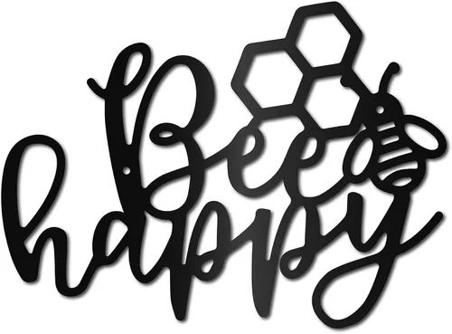 CREATCABIN Arte de pared de metal con diseño de abeja feliz, escultura de pared, letrero de decoración colgante de contorno de hierro, arte de pared