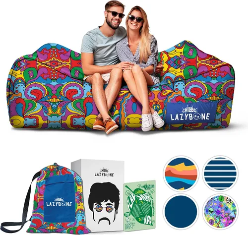 Miniatura 17 de Chillbo Inflatable Couch – Unique Designs - No-Pump Setup, Ripstop Polyester, Stability Pegs, Fun Prints - Portable Air Inflatable Lounger for Azul