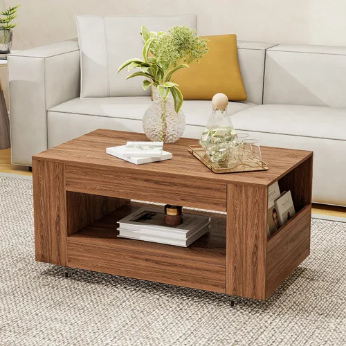 Miniatura 10 de Mesa de centro de grano de madera con estante abierto, mesa de cóctel moderna de alto brillo para sala de estar, dormitorio, oficina
