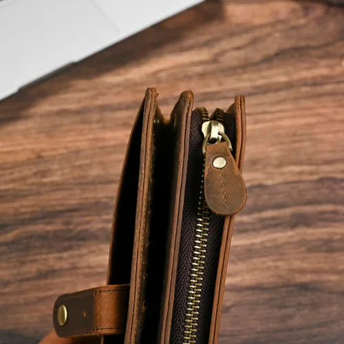 Miniatura 78 de Genuino Caballo Loco Cuero Regalo de Viaje Moneda Bolsillo Tarjetero Organizador Largo Cadena Rfid Cartera Monedero Con Broche Para Hombres Hombres