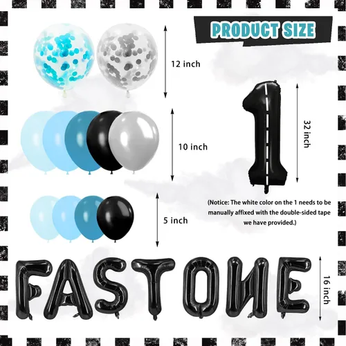 Miniatura 5 de Fast One - Decoraciones de cumpleaños para niños, 143 piezas de suministros de decoración de primera fiesta de carreras para bebé, pancarta