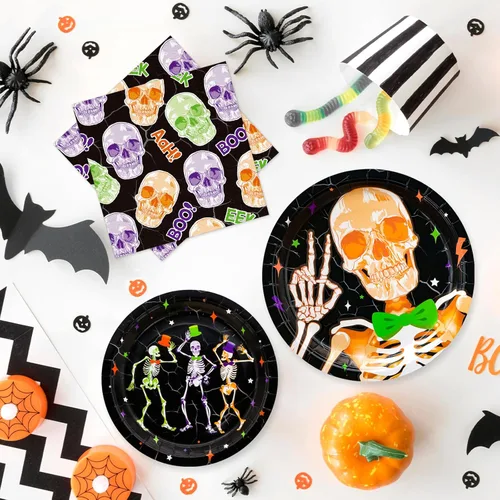 Miniatura 4 de DYLIVeS Suministros de fiesta de Halloween de esqueleto, platos de papel de calavera, platos de postre y servilletas de almuerzo para decoración