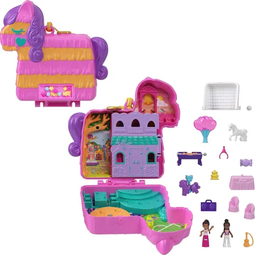 Polly Pocket Juego compacto, fiesta de piñata con 2 micro muñecas y accesorios, juguetes de viaje con revelaciones sorpresa