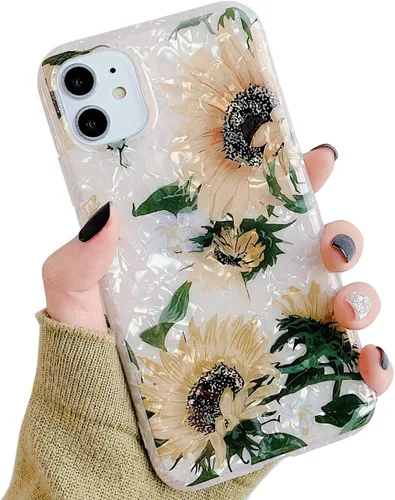 Miniatura 13 de Qokey Funda compatible con iPhone 11 de 6.1 pulgadas, bonito diseño de flores para niñas y mujeres, patrón de conchas de cristal brillante