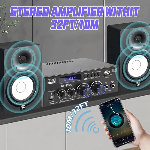 Miniatura 4 de Joengoep BT-398A Amplificador de Audio Estéreo, Receptor para Altavoces Max 900W, Receptor Estéreo de 2.0 Canales con Radio FM, Entradas USB/SD/AUX
