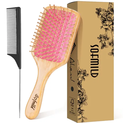Miniatura 10 de Sofmild Juego de cepillos de pelo de bambú natural para mujeres, hombres y niños, cepillo desenredante para cabello grueso y rizado y húmedo
