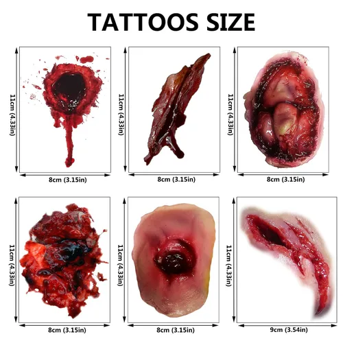 Miniatura 2 de Tatuaje temporal de Halloween – Tatuajes de heridas sangrientas, calcomanías de sangre realistas, tatuajes de maquillaje de zombi de cara falsa