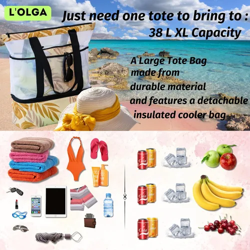 Miniatura 7 de L'OLGA Bolsa grande de malla con enfriador aislado desmontable, bolsa de fin de semana de playa