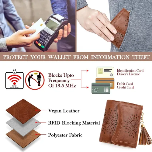 Miniatura 3 de APHISON Cartera pequeña para mujer, cartera RFID de girasol para mujer, de piel, bonita, compacta, plegable, con cremallera, borla, monedero