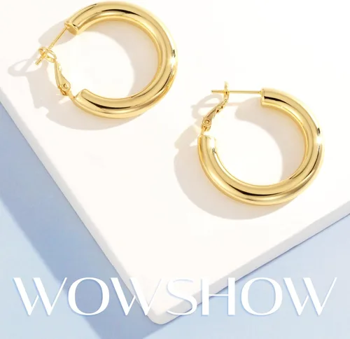 Miniatura 5 de Wowshow - Arracadas para mujer, aretes gruesos huecos chapados en oro de 14quilates