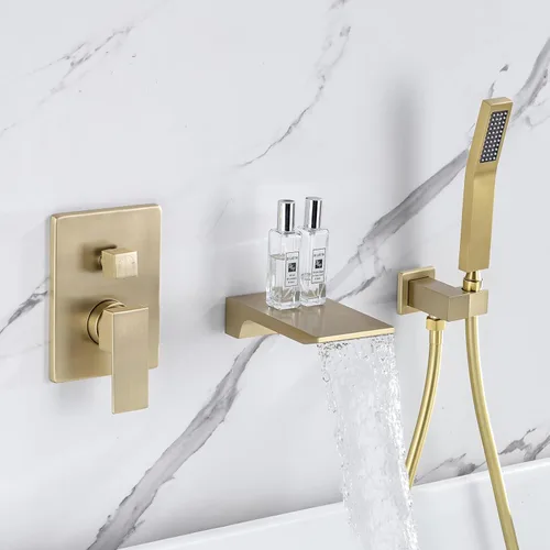 Miniatura 10 de Grifo de llenado de bañera romana con boquilla de cascada montado en la pared, grifo de ducha de bañera de una sola manija con ducha de mano