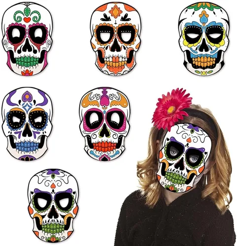 Miniatura 6 de Heureppy 6 máscaras de papel del Día de los Muertos para Día de los Muertos, accesorios de fotos, accesorios de disfraces para fiestas Estilo 01