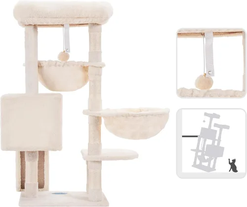 Miniatura 7 de Hey-brother Árbol para gatos, torre para gatos de interior, casa para gatos con cama acolchada grande, acogedor condominio, hamacas, postes Beige