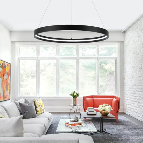 Miniatura 6 de Lámparas de araña LED modernas en negro, lámparas de araña LED contemporáneas regulables de 1 anillo, lámpara colgante LED moderna para sala