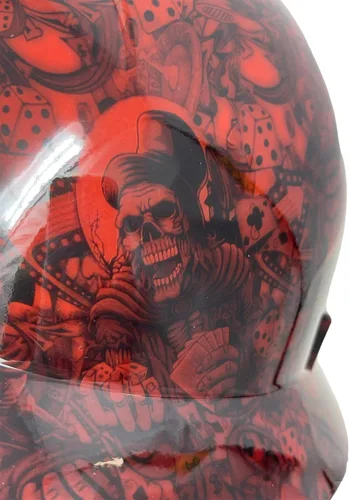 Miniatura 6 de Casco duro OSHA de ala completa, sin ventilación, diseño de calavera y tatuaje, acabado brillante, con suspensión de 6 puntos