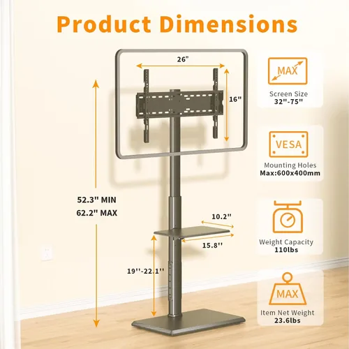 Miniatura 5 de Afaloona Soporte universal para TV de suelo, soporte de TV con toma de corriente y estante extraíble para TV de 32 a 75 pulgadas de hasta 110