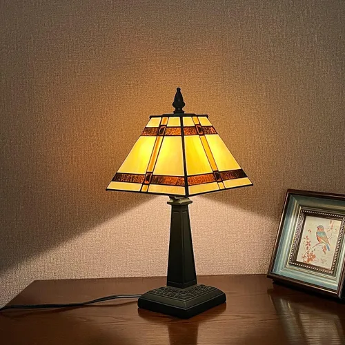Miniatura 2 de Tiffany - Lámpara de mesa pequeña hecha a mano con vitrales, lámpara de escritorio antigua estilo misión ámbar para dormitorio, sala de estar