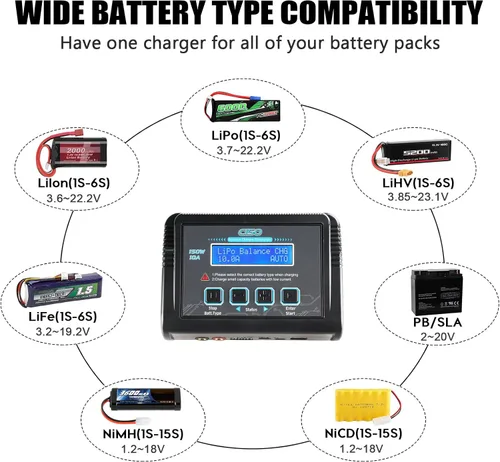 Miniatura 5 de Lipo Cargador de batería, 1-6S cargador de equilibrio descarga 150 W 10 A AC/DC para Li-Po Li-Hv Ion Fe NiMH NiCd Pb Hobby