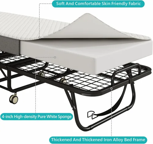 Miniatura 7 de Cama plegable con colchón para adultos, 75" x 31" cama rodante portátil tamaño catre, cama plegable de invitados con marco de metal con colchón