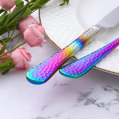 Miniatura 5 de Juego de cubiertos martillados, 20 piezas, cubiertos de cocina de acero inoxidable de alta calidad, esmalte de espejo, aptos para lavavajillas