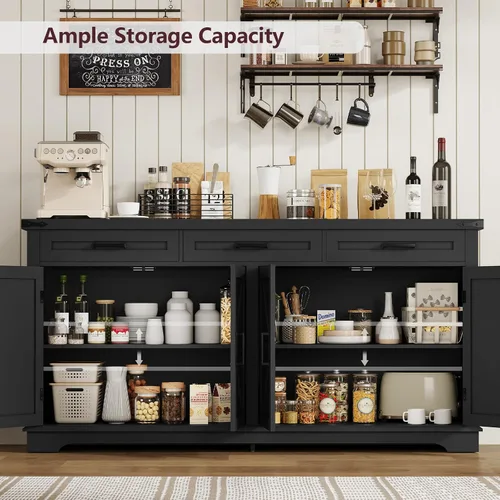 Miniatura 3 de usikey Armario buffet, aparador grande de 61 pulgadas con 3 cajones, barra de café de granja con 4 puertas, para cocina, sala de estar, color negro