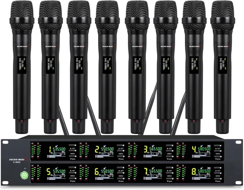 Sistema de micrófono inalámbrico, micrófonos inalámbricos de 8 canales, con 8 micrófonos dinámicos de mano, escaneo automático IR, frecuencias UHF